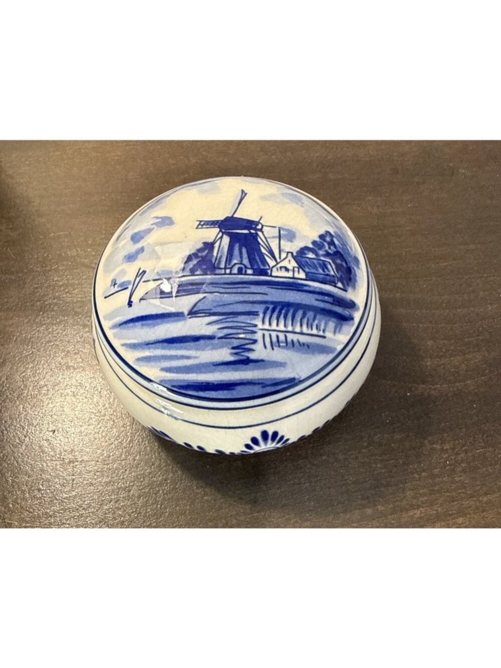 Vintage Delft Holland Ceramic Blue & White Round Trinket Box, Hand Painted